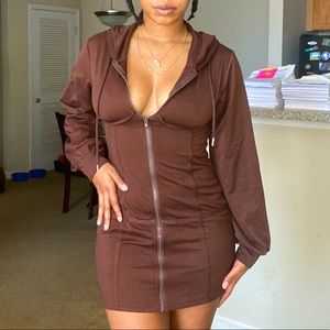Sexy Chocolate Brown Drawstring Zipper Hooded Sweatshirt Dress